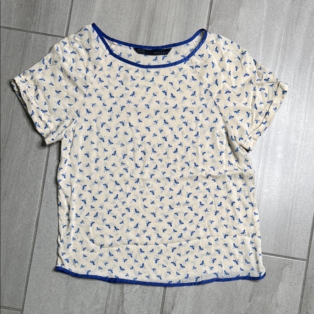 Zara Blue and Cream Boxy Short Sleeve Blouse